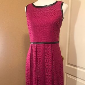 Fuchsia Lace Dress with black leather detail